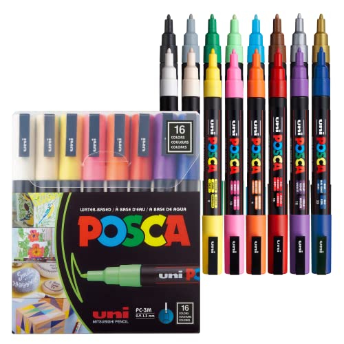 Posca Marker Set with Fine Tips, 16 Full Range 3M Posca Paint Markers