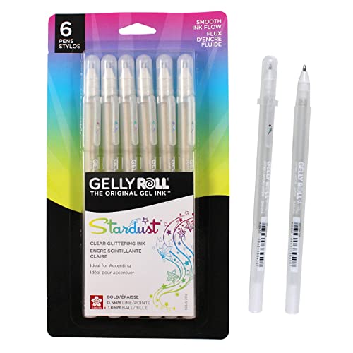 SAKURA Gelly Roll Stardust Clear Glitter Gel Pens - Bold Point Ink Pen for Lettering, Drawing, Invitations, & Stationery - Clear Ink - Bold Line - 6 Pack - 6 Stardust Pens