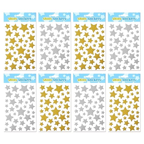 Jactales Glitter Star Puffy Stickers - Gold & Silver Foam Star, Easy Peel & Stick On, Small Stars for Kids Crafts & Christmas, Adhesive Shiny Star Shape 8 Sheets