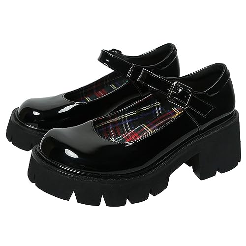 Women Chunky Platform Mary Jane Shoes Retro Buckle Strap Round Toe Flats Shallow Mouth Japanese Sweet Lolita Princess Shoes - 5 UK - Black