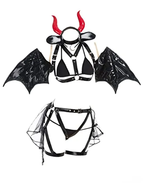 MEOWCOS Women's Lingerie Set with Belt Set and Wings Headband Necklace