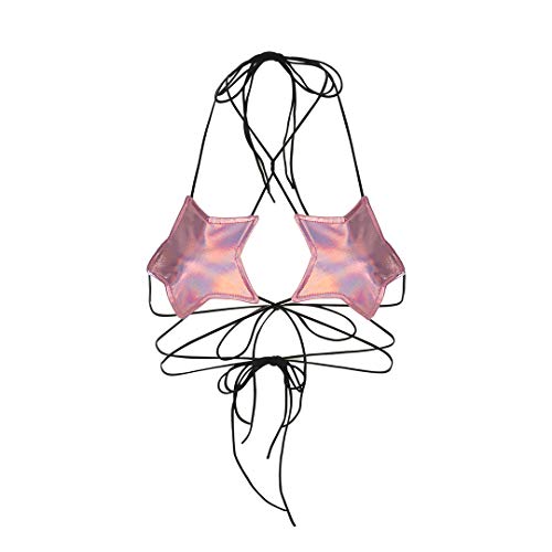 FlyCC Women's Metallic Star Bralette Bra Strappy Wrap Around Crop Top Rave Dance Tops - One Size - Pink