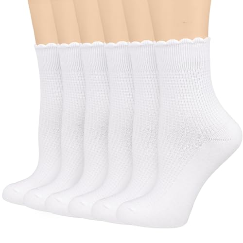 Mcool Mary Women's Crew Socks,Casual Cute Ankle Socks Breathable Cotton Knit White Frilly Socks for Women 6 Pack