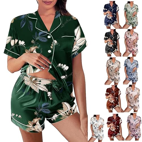 WJing Yi Jia Womens Silk Satin Pajamas Loungewear Two-Piece Sleepwear Button-Down Floral Pj Set XS-4XL - Small - Evergreen-a04