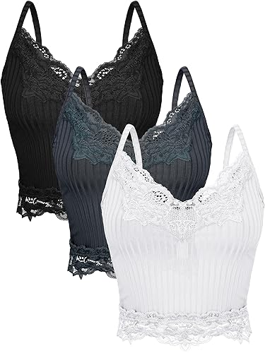 3 Pcs Women's Lace Tank Tops Y2k Camisole Tops Lace Patchwork Crop Tops Grunge Style Ribbed Knitted Tank Tops - Small - White, Gray, Black