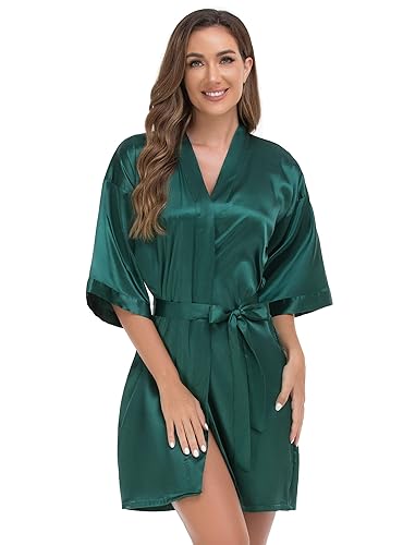 VOGUEMAX Women's Short Kimono Robe Silky Satin Bathrobe Bride Bridesmaids Getting Ready Sleepwear Soft Nightgown - Small - Dark Green