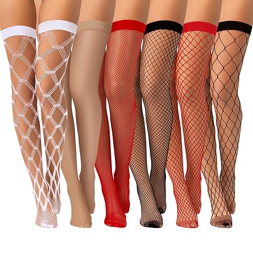 Janmercy 6 Pairs Women Thigh High Fishnet Stockings with Top Elastic Band Sheer Stockings Over the Knee Pantyhose Hosiery - Black, White, Red, Nude - Medium