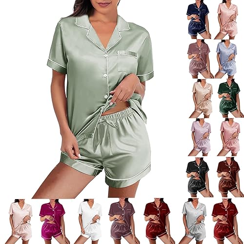 WJing Yi Jia Womens Silk Satin Pajamas Loungewear Two-Piece Sleepwear Button-Down Floral Pj Set XS-4XL - Small - Sage-w