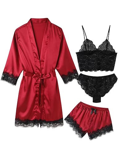 ESKTJH Women's Pajama Satin Sexy Lingerie Robe Set 4Pcs Pjs Silk Sleepwear Lace Cami Shorts Loungewear - Small - Wine Red