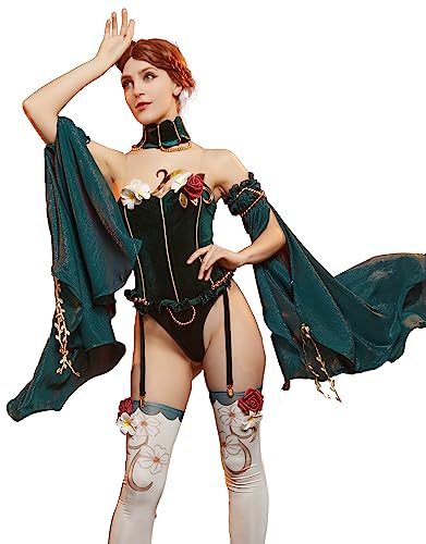 Mobbunny Women Medieval One Piece Bodysuit with Stockings and Tulle Sleeves Velvet Leotard Romper Jumpsuit Cosplay Bodysuit - Large - Green