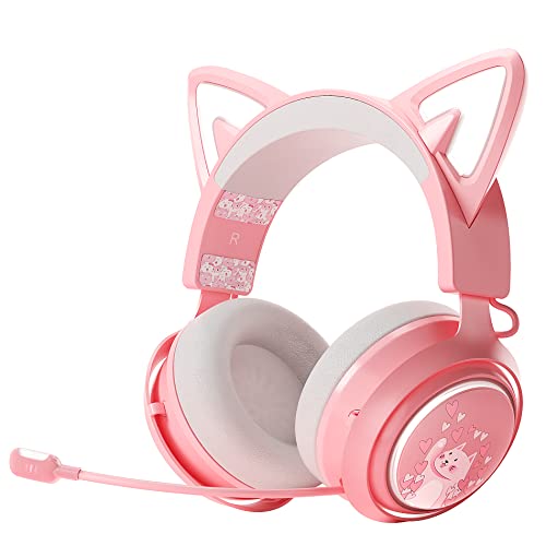 EASARS Wireless Cat Ear Headphones, Pink Gaming Headset Bluetooth 5.0 for Smartphone, Retractable Mic, 50mm Drivers, RGB Lighting Headset with Mic (USB Dongle Not Included) - Wireless - Pink