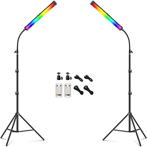 2 Pack RGB LED Video Light Wand Kit, QEUOOIY 360° Full Color 2500-9500K Led Photography Lighting Sticks with 32-77.6" Tripod, 5000mAh Rechargeable Battery &Magnet with Gooseneck Soft Tube for YouTube - 2Pcs RGB Light Stick Wand & 77.6″ Tripod Stand
