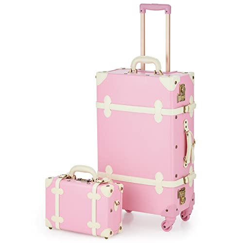 CO-Z Vintage Luggage Sets, 2 Piece Retro Suitcase with Spinner Wheels TSA Lock, Large 24" Trunk Small 12" Train Case Leather Travel Luggage Set for Women, Pink - Pink