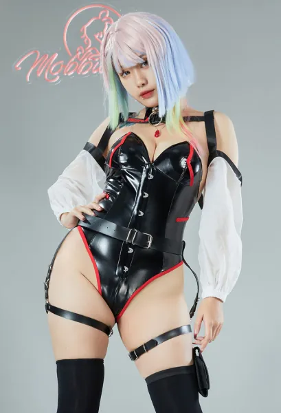 Cyberpunk Lucy Derivative Sexy Lingerie Set Bodysuit and Short Coat and Belt Stockings