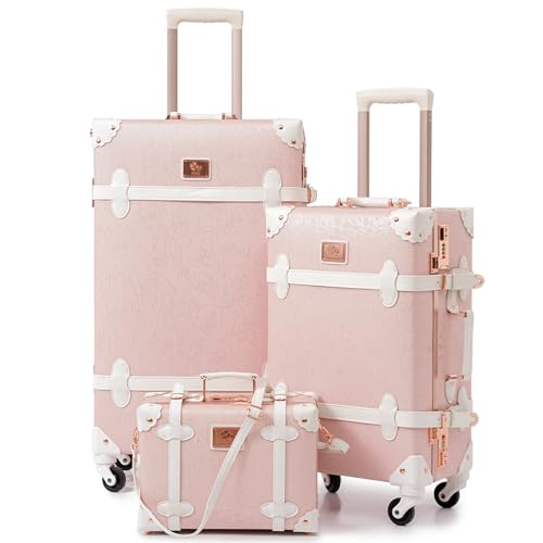 urecity Vintage Luggage Sets of 3 Piece - Hardside Lightweight Spinner Suitcases - Retro Travel Set includes Under Seat Train Case, 26"+20"+12" (Elegant Pink) - Elegant Pink