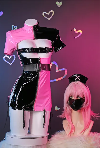 Halloween Sexy Lingerie Nurse Uniform Style Pink Black Dress and Gloves with Thigh Socks and Mask