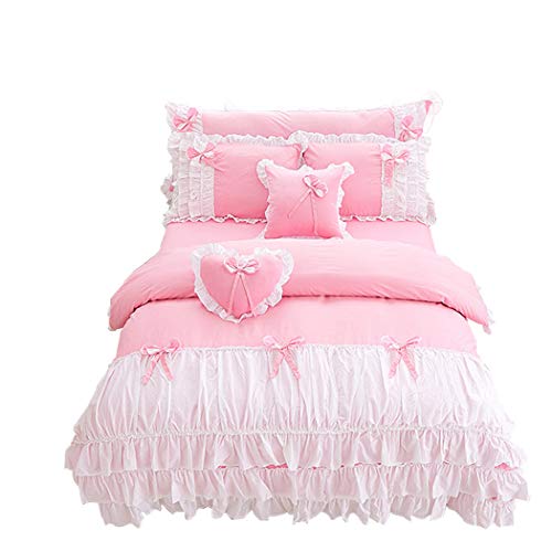 Lotus Karen Shaggy Chic Ruffle 3-Piece Duvet Cover Set- Soft Cotton Girls Bedding with Cute Bow-Knots-Sweet Pink Princess Bed Set Queen Size(1Duvet Cover/2Pillowcases) - Queen - Pink