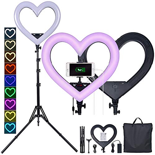JJIIEE Selfie Ring Light with Tripod,19 Inch LED Heart-Shaped Ring Light,360° Rotatable Ring Light Stepless dimming with USB Output Port for YouTube Video/Photography