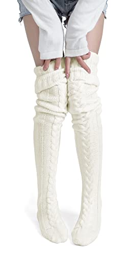 Pcavin Women's Thigh High Socks Over the Knee Cable Knit Boot Socks, Long Warm Fashion Leg Warmers Winter - One Size - Beige