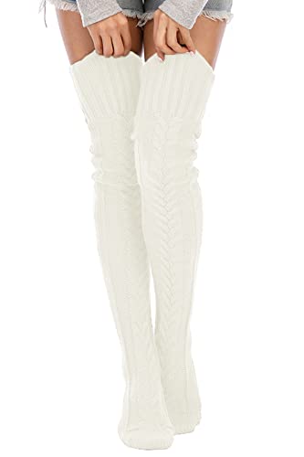 Leoparts Women's Cable Knitted Thigh High Boot Socks Extra Long Winter Stockings Over Knee Leg Warmers - 626-white - One Size