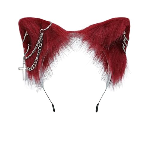 VIGVAN Cat Cosplay Ears Accessories Punk Gothic Cross Cat Ears Headbands Clips - Wine Red