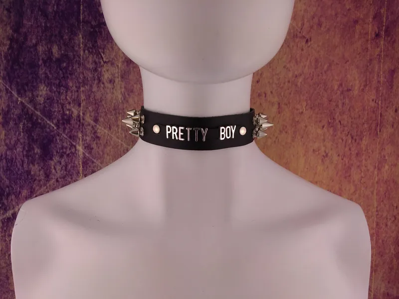Pretty Boy choker genuine leather - Choker collar black leather choker with metal letters PRETTY BOY IV
