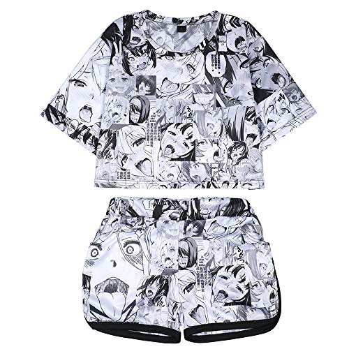 Quker Bean Women's Ahego Face Print 2 Piece Outfits Crop Top and Shorts Pajamas Set XS-2XL - X-Large - Gray