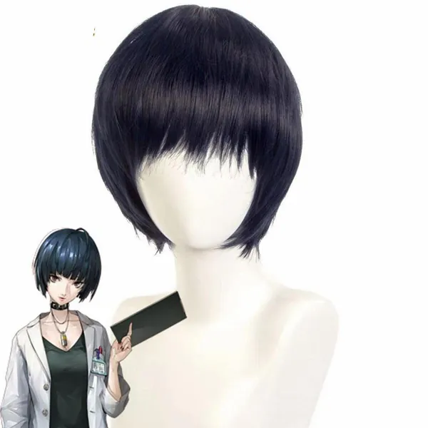 ydound Cosplay Wig Persona 5 Tae Takemi Cosplay Wig Women Short Dark Blue Wig Cosplay Anime Cosplay Wig Heat Resistant Synthetic Wigs Halloween for Coser - 