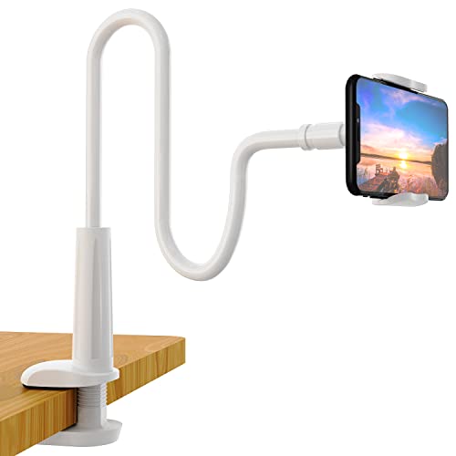 Phone Holder Bed Gooseneck Mount - Flexible Arm 360 Mount Clip Adjustable Bracket Clamp Stand Compatible with Cell Phone 11 Pro XS Max XR X 8 7 6 Plus 5 4, Samsung S10 S9 S8 for Bedroom Desk - White