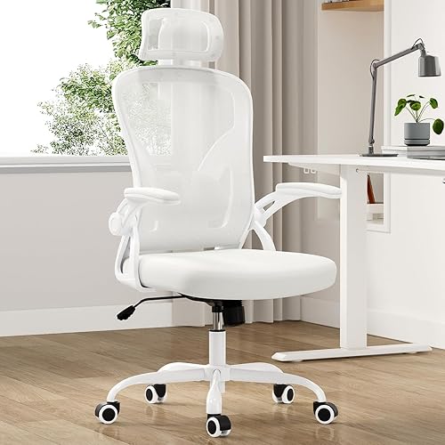 Farini Ergonomic Office Chair, Home Office Desk Chair with Headrest, High Back Computer Chair with Flip-up Armrests and Adjustable Lumbar Support for Home Office Study Room (with Headrest, All-White) - All-white