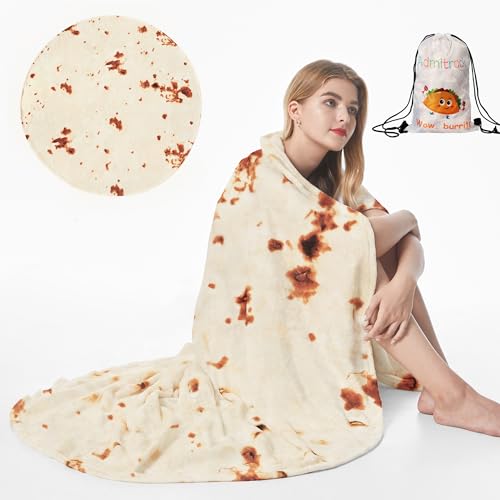 Admitrack Tortilla Wrap Blanket,Burritos Round Wrap Blanket,Funny Food Round Blanket,Novelty Burritos Throw Blanket for Adults&Kids (Double Sided) - 60 in - Beige