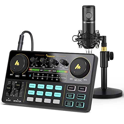 MAONO Podcast Equipment Bundle MaonoCaster Lite Audio Interface All-in-One Podcast Production Studio with 25mm Large Diaphragm Microphone for Live Streaming, Recording, PC, DJ (AU-AM200-S4 Black) - AU-AM200-S4 Black