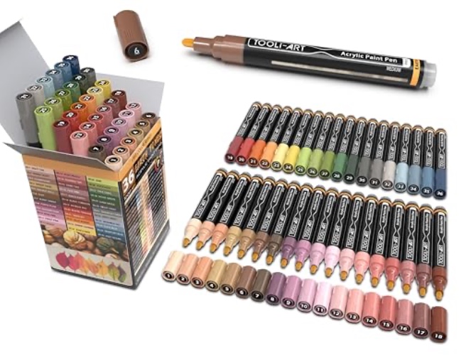 36 Acrylic Paint Pens Skin Tones and Earth Colors Marker Set 3mm Medium Tip For Rock Painting, Pebbles, Canvas, Glass, Mugs, Journals, Scrapbook, Fabric, Most Surfaces Non Toxic, Waterbased, Quick Dry - MEDIUM