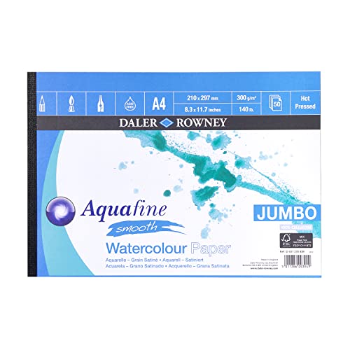 Daler-Rowney Aquafine Smooth Hot Pressed 300gsm Watercolour & Gouache A4 Paper Pad, Glued 1 Side, Natural White, 50 Sheets, Ideal for Professional & Beginner Artists & Students, Acid-Free - SMOOTH PAD A4 (50SH) - Single