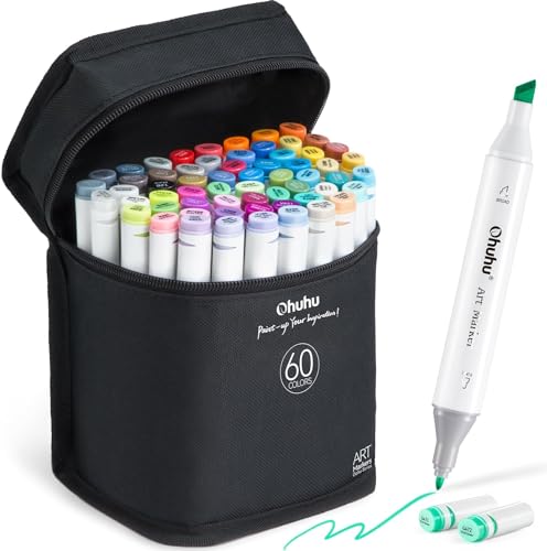 Ohuhu Markers, 60 Colours Dual Tips Alcohol Markers Permanent Art Marker Pens for Adults, Highlighter Pen with Carrying Case for Drawing Sketching Anime Manga Highlighting and Underlining - 60 colours
