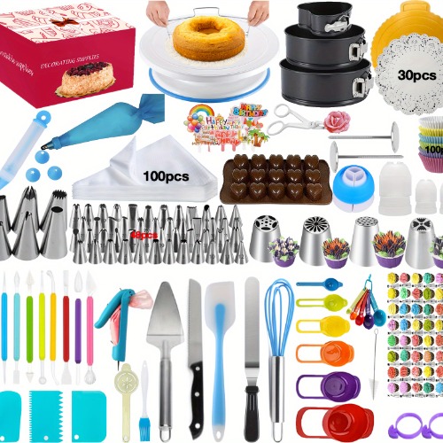 Cake Decorating Supplies, Cake Decorating Kit 3 Packs Springform Cake Pans, Cake Rotating Turntable, 54 Piping Icing Tips, 4 * Nozzles, Chocolat