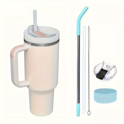 2nd Generation 40oz Stainless Steel Double Layer Thermal Cup, Car Handle Cup With Silicone Bottom Cover &amp; Clear Straw &amp; Stainless Steel Straw &amp; Replac