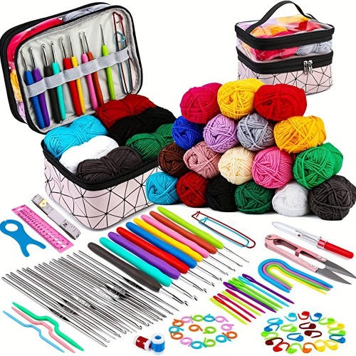 105-Piece Crochet Kit With Yarn Storage - Complete Diy Hand Knitting Set For All Seasons, Pink Metal Needles &amp; Threads Crochet Supplies Embroidery Kit
