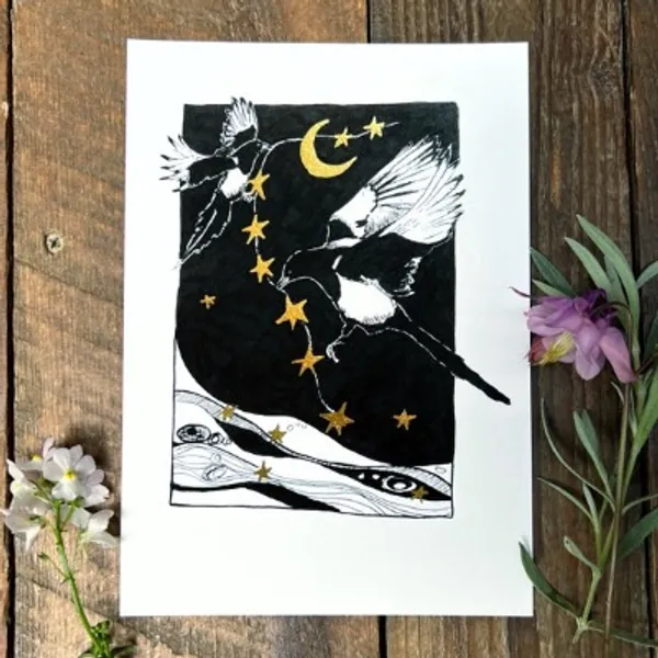 Stealing Stars  A5 Giclee Print Magpies Stars Magpie | Etsy UK