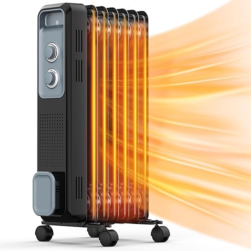 Joy Pebble Oil Filled Radiator Heater, Portable Electric Heater, 1S Rapid Heat, 3-Level Adjust, Tip-over&Overheat Protection, Portable Space Heater with 4 Wheels and Handle, 1200W Oil Heaters for Home - BLACK