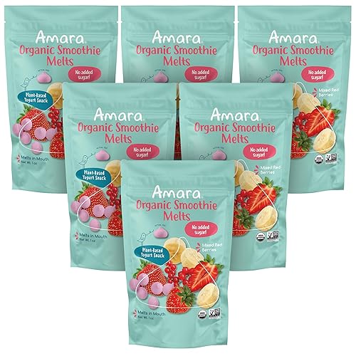 Amara Smoothie Melts - Mixed Red Berries - Baby Snacks Made With Fruits and Vegetables - Healthy Toddler Snacks For Your Kids Lunch Box - Organic Plant Based Yogurt Melts - 6 Resealable Bags - Mixed Red Berries