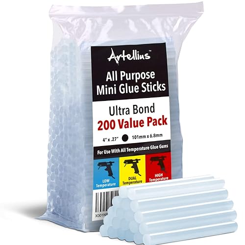 Artellius Mini Hot Glue Sticks (Huge Bulk Pack of 200) 4" and 0.27 Diameter - Compatible with Most Glue Guns - Paquet de 200