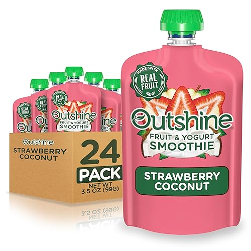 Outshine Strawberry Coconut Yogurt Smoothie Pouches - Fruit Pouches, Ready-to-Drink Smoothies, Kids & Adults Pureed Foods - Fruit Pouches for Kids & Adults, Smoothie Drink - (24 Count) - Strawberry Coconut