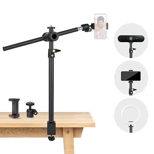 JEBUTU Overhead Camera Mount Desk Stand with 360°Adjustable Holding Arm, Camera Mount Boom Arm Stand, Webcam Desk Mount with Magic Arm Ballhead Phone Mount Holder for Microphone Video Light Cell Phone - 1DFPGBL