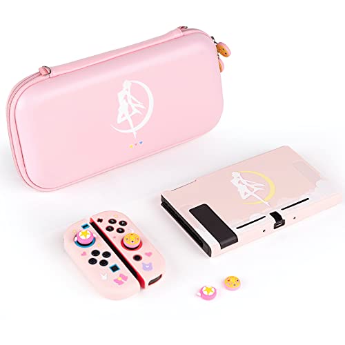 BelugaDesign Moon Switch Bundle | Kawaii Pink White Pastel Sailor Anime Carry Case Shell Cover Thumb Grips for Girls | Compatible with Nintendo Switch Standard - Standard Bundle - Moon