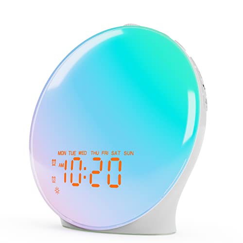 JALL Wake Up Light Sunrise Alarm Clock for Kids, Bedroom, Full Screen with Sunrise Simulation, Dual Alarm, FM Radio, 15 Nightlights, 8 Sounds, Sleep Timer - White
