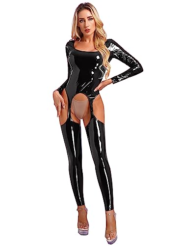 ACSUSS Women Sexy Hollow Out Latex Catsuit PVC Exotic Costume Lingerie Full Bodysuit Clubwear Overalls - Black B - 3X-Large