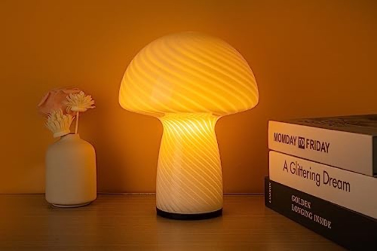 NOTOC Dimmable Mushroom lamp,Glass Mushroom Bedside Table Lamp Translucent Vintage Style Striped Small Nightstand Desk lamp Swirl Light for Home Decor, Dining, Living, Bedroom, Gift.（Stripe White） - Stripe White