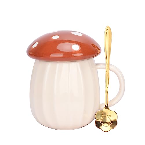 XinHuiGY Mushroom Mug, Cute Coffee Mug with Lid and Flower Spoon, Kawaii Mushroom Tea Cup, 250ml/8oz Funny Mushroom Cup for Milk, Gift for women, Girl,Christmas, Birthdays (Brown) - Brown