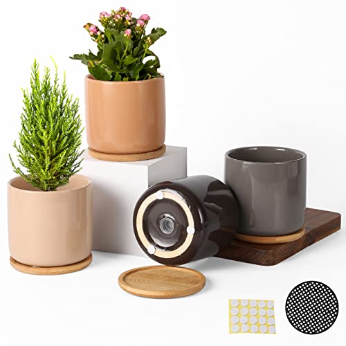 OMAYKEY 4 Inch Ceramic Plant Pot with Saucer, Multicolor Bright Glazed Planters Pots with Drainage Hole and Mesh Pads for Succulent, Indoor Flowers, Snake Plants, Cactus, Herbs, Set of 4 - Bright Multicolor